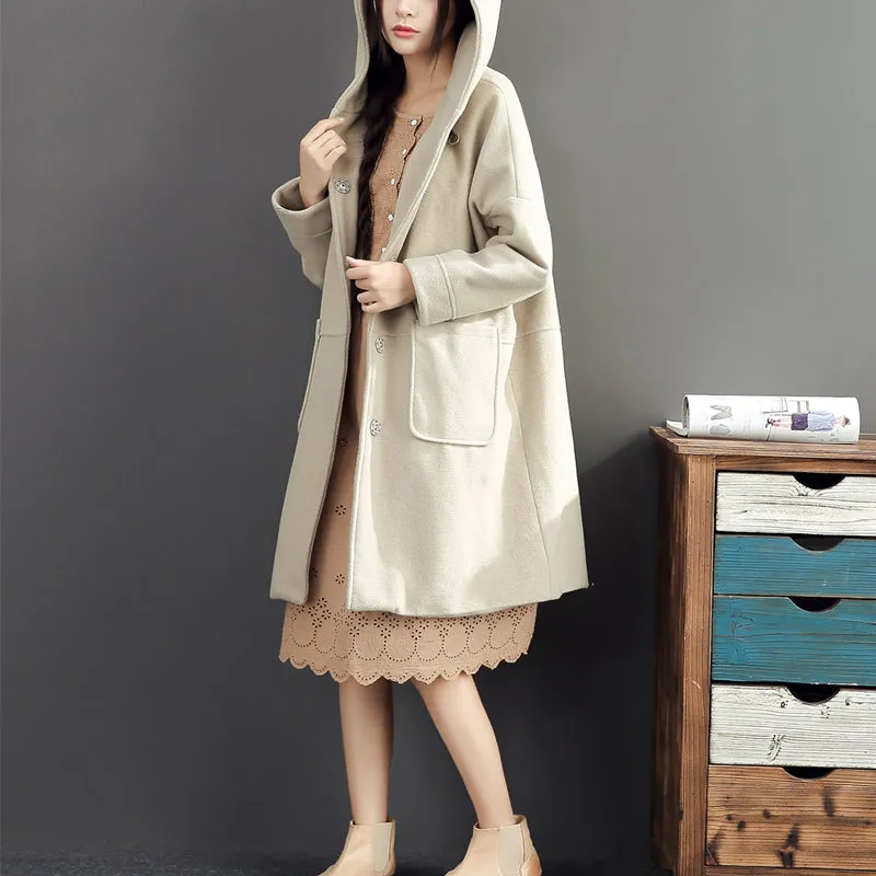 2021 winter light yellow woolen coats plus size hooded elegant trench coat