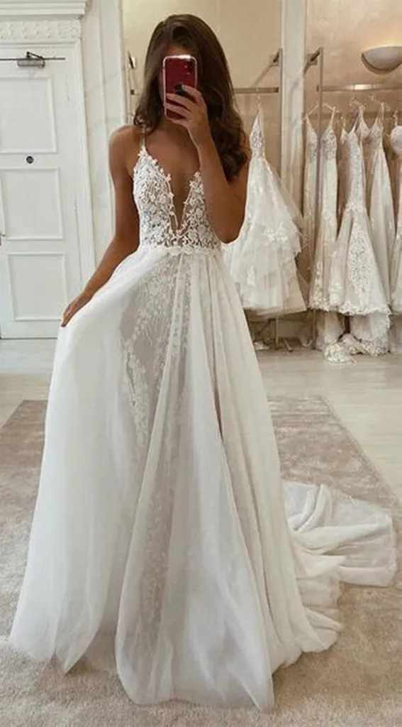 A Line V Neck Ivory Lace Long Prom Wedding Dress with High Slit, Ivory Lace Formal Dress, White Evening Dress KS6741