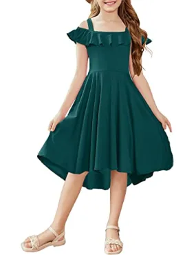 Arshiner Green Dress for Girls Summer Cold Shoulder High Low Hem Wedding Guest Dresses 6-7 Years