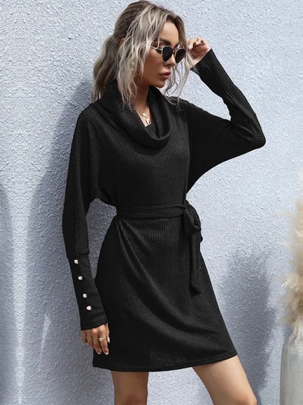 Autumn Solid Knit Cowl Neck Sweater Tie-Waist Dress