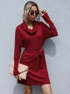 Autumn Solid Knit Cowl Neck Sweater Tie-Waist Dress