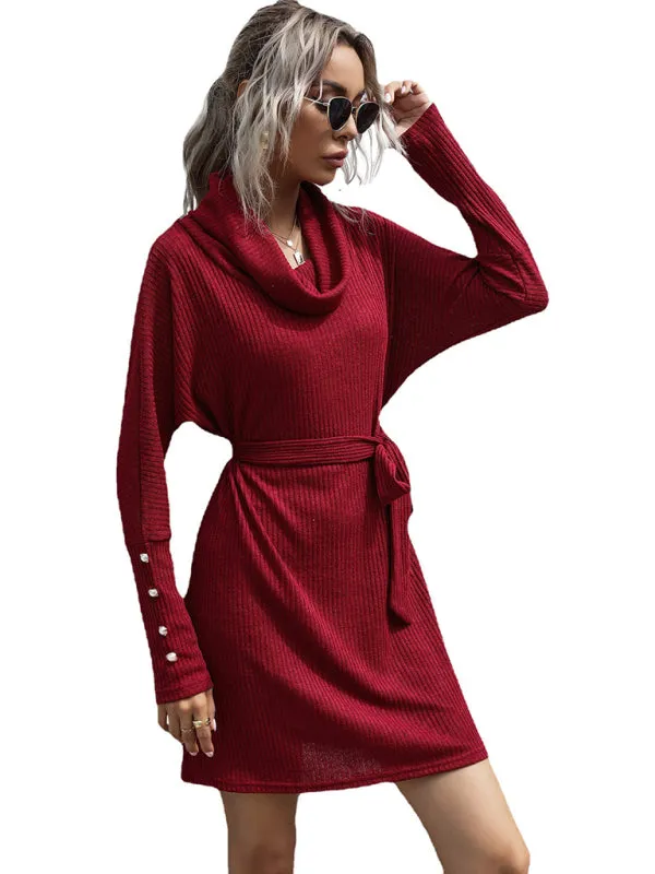 Autumn Solid Knit Cowl Neck Sweater Tie-Waist Dress