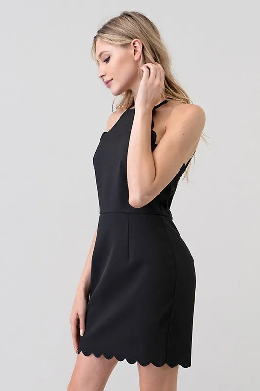 Black Simple Mini Dress With Scallop Hem