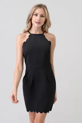 Black Simple Mini Dress With Scallop Hem