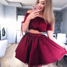 Burgundy Off Shoulder Two Piece Sweet Homecoming Dresses,BD00135