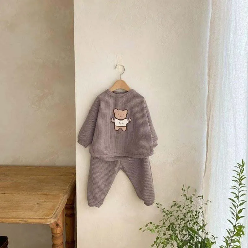 Cartoon Bear Embroidered Pattern Waffle Fabric Hoodies