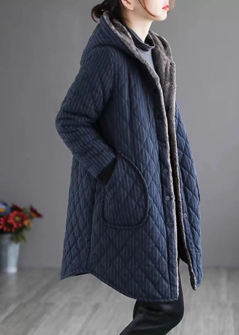 Chic Navy Hooded Striped Warm Fleece Parka Winter