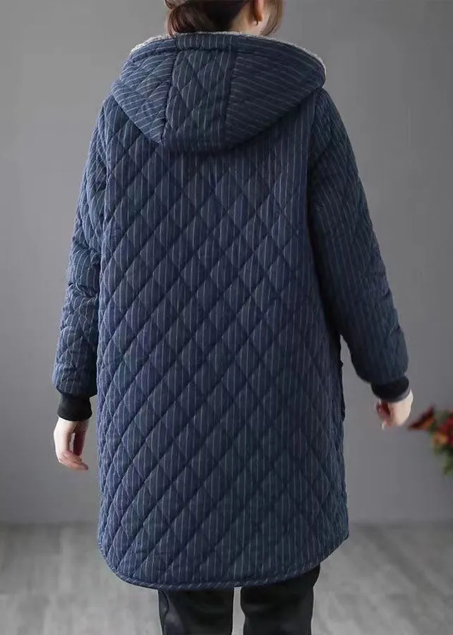 Chic Navy Hooded Striped Warm Fleece Parka Winter