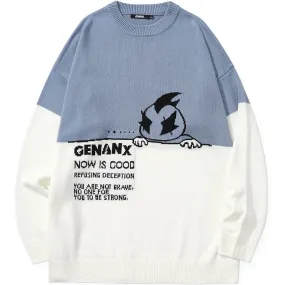 Color Block Letter Cartoon Jacquard Pullover Sweater