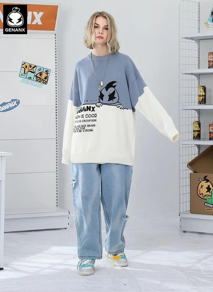 Color Block Letter Cartoon Jacquard Pullover Sweater