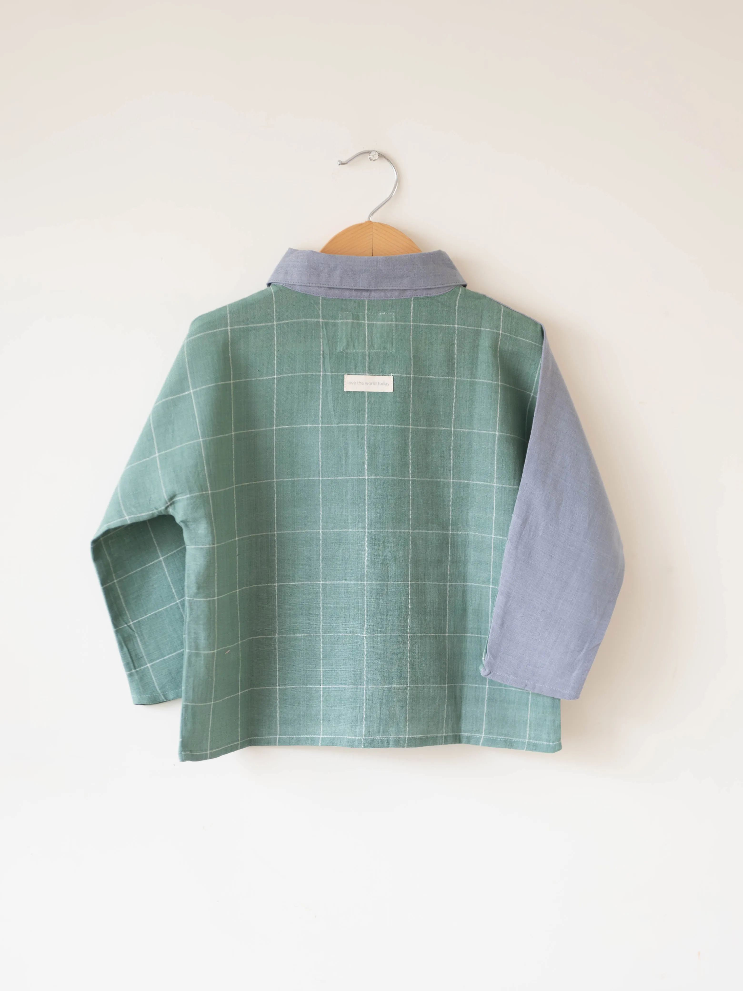 Holding Hands’ unisex kimono style baggy shirt in teal and grey handwoven cotton