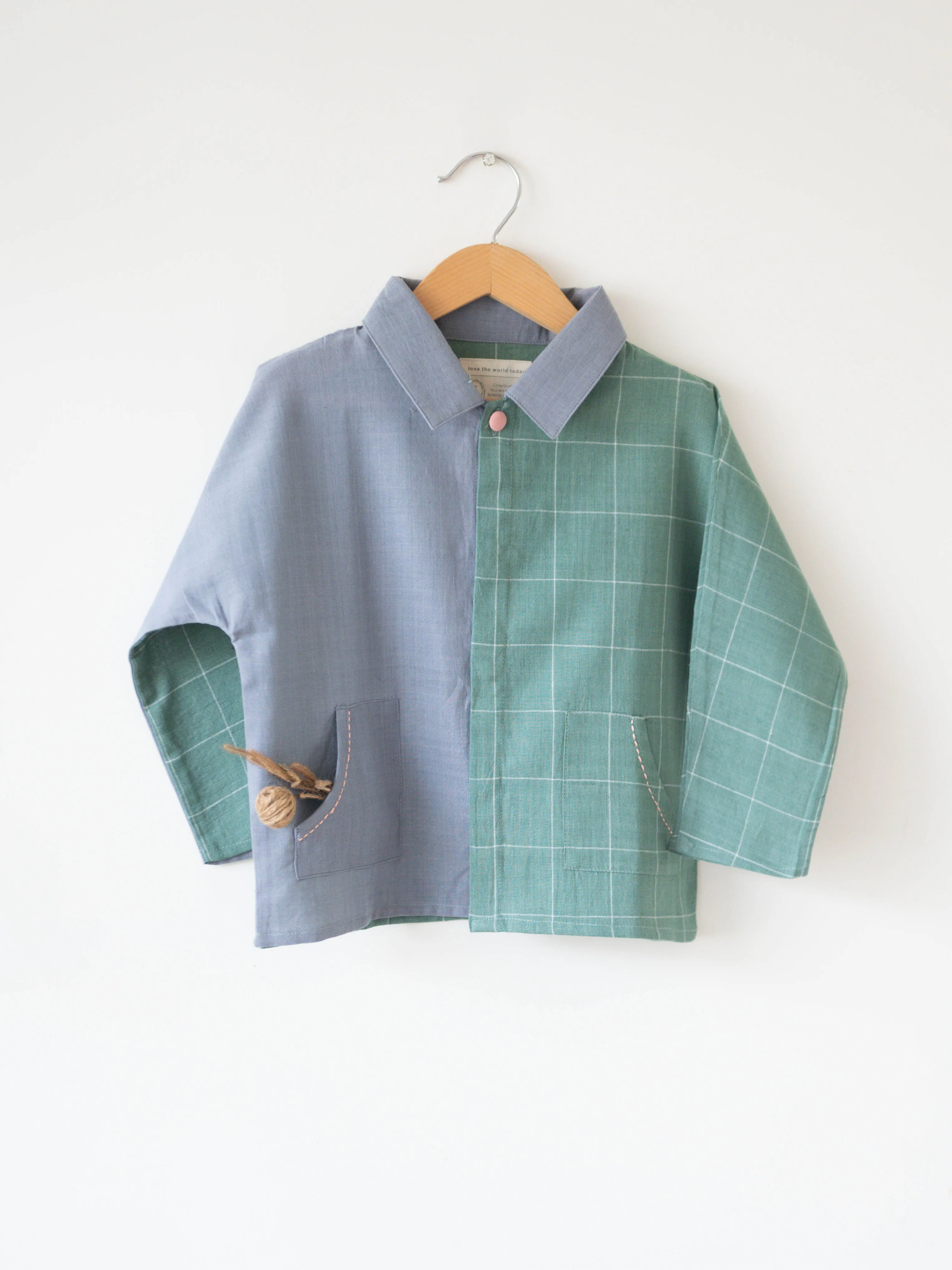 Holding Hands’ unisex kimono style baggy shirt in teal and grey handwoven cotton