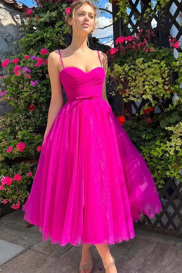 Hot Pink Sweetheart Tea Length Simple Prom Dresses