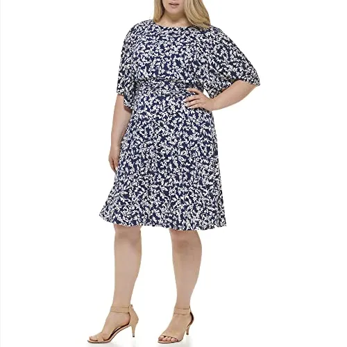 Jessica Howard Women's Printed Knit Jersey Midi Elbow Sleeve-Desk to Dinner, Navy/Ivory, 8