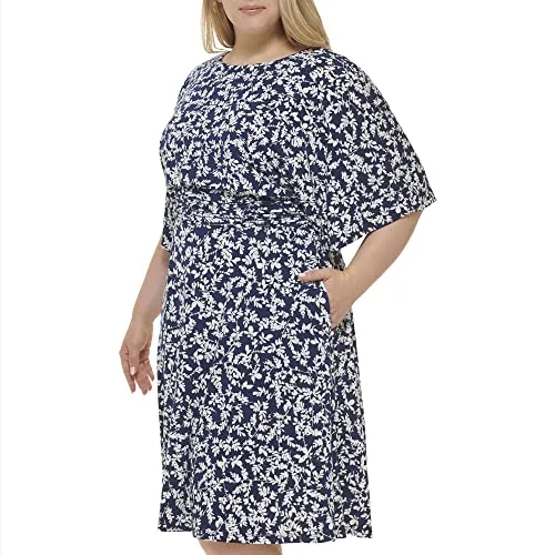 Jessica Howard Women's Printed Knit Jersey Midi Elbow Sleeve-Desk to Dinner, Navy/Ivory, 8