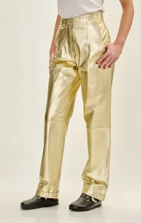 Lambskin Leather High Waist Sleek Trousers - Gold