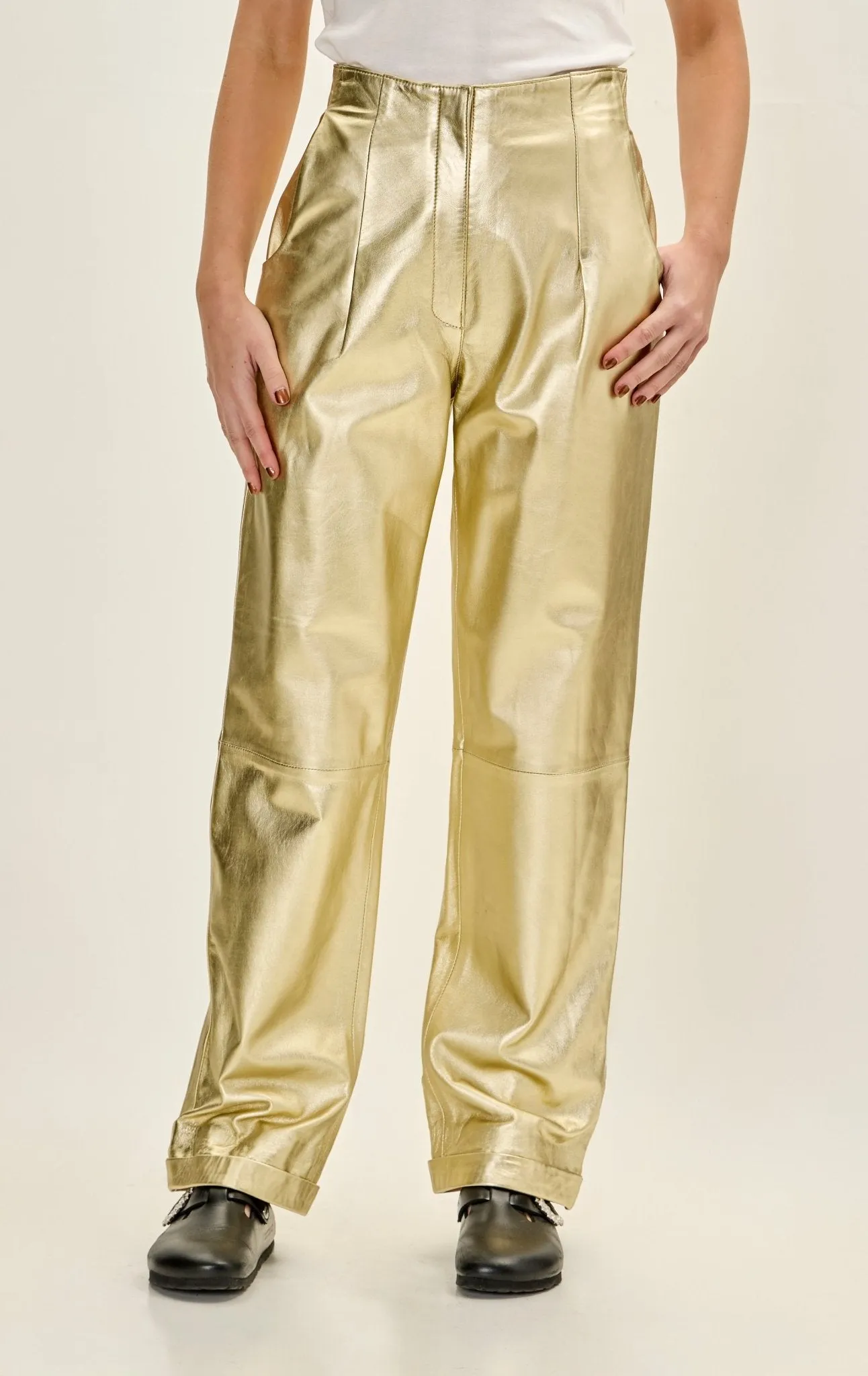 Lambskin Leather High Waist Sleek Trousers - Gold