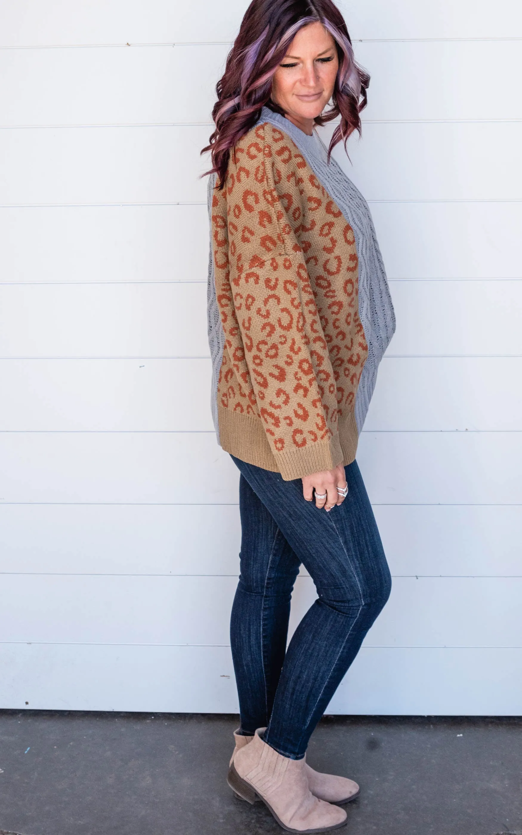 Leopard Color Block Knit Sweater