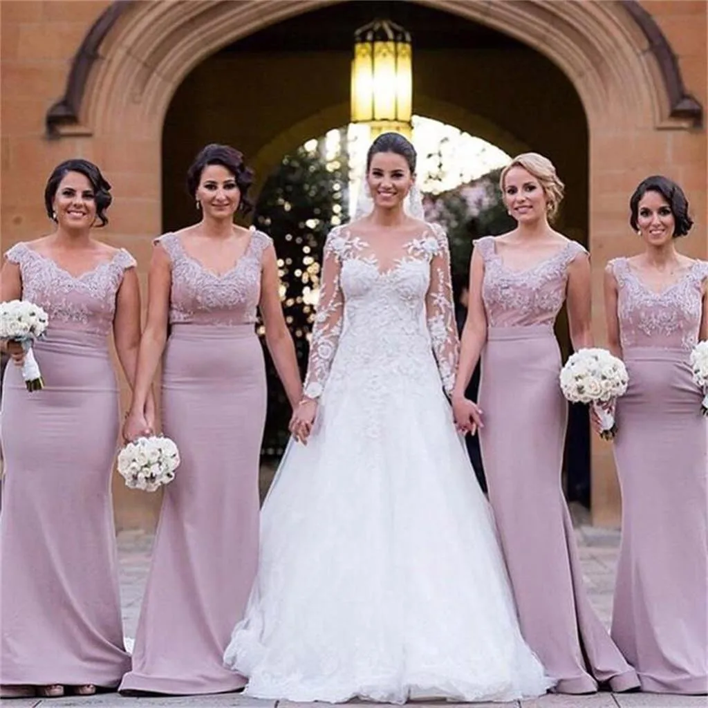 Lilac Long Mermaid V-Neck Cap Sleeves Simple Bridesmaid Dresses  ,PD0259