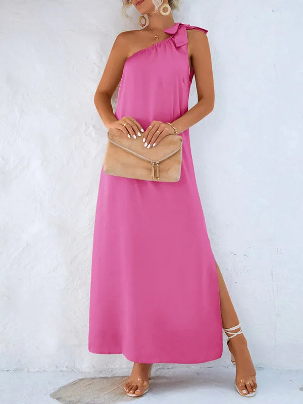 Loose Sleeveless Solid Color One-Shoulder Maxi Dresses