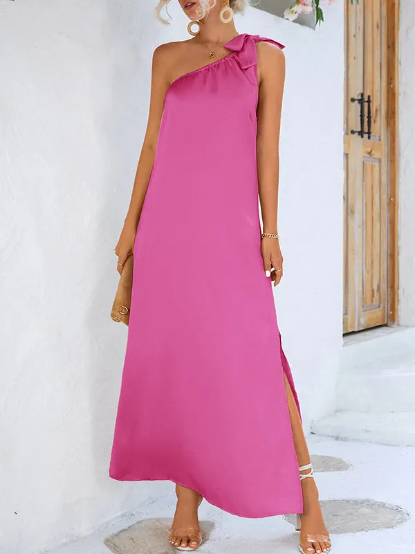 Loose Sleeveless Solid Color One-Shoulder Maxi Dresses