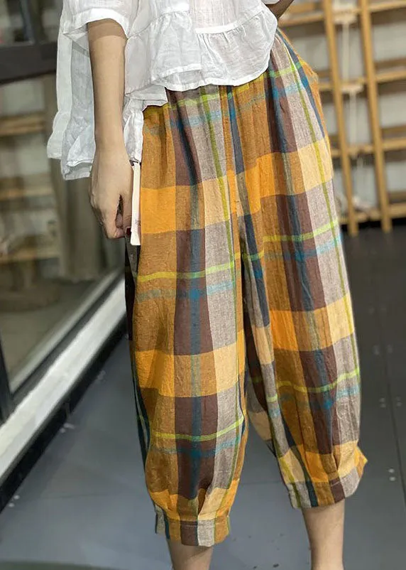 Loose Yellow Pockets Plaid Wrinkled Cotton Lantern Pants Summer LY0604