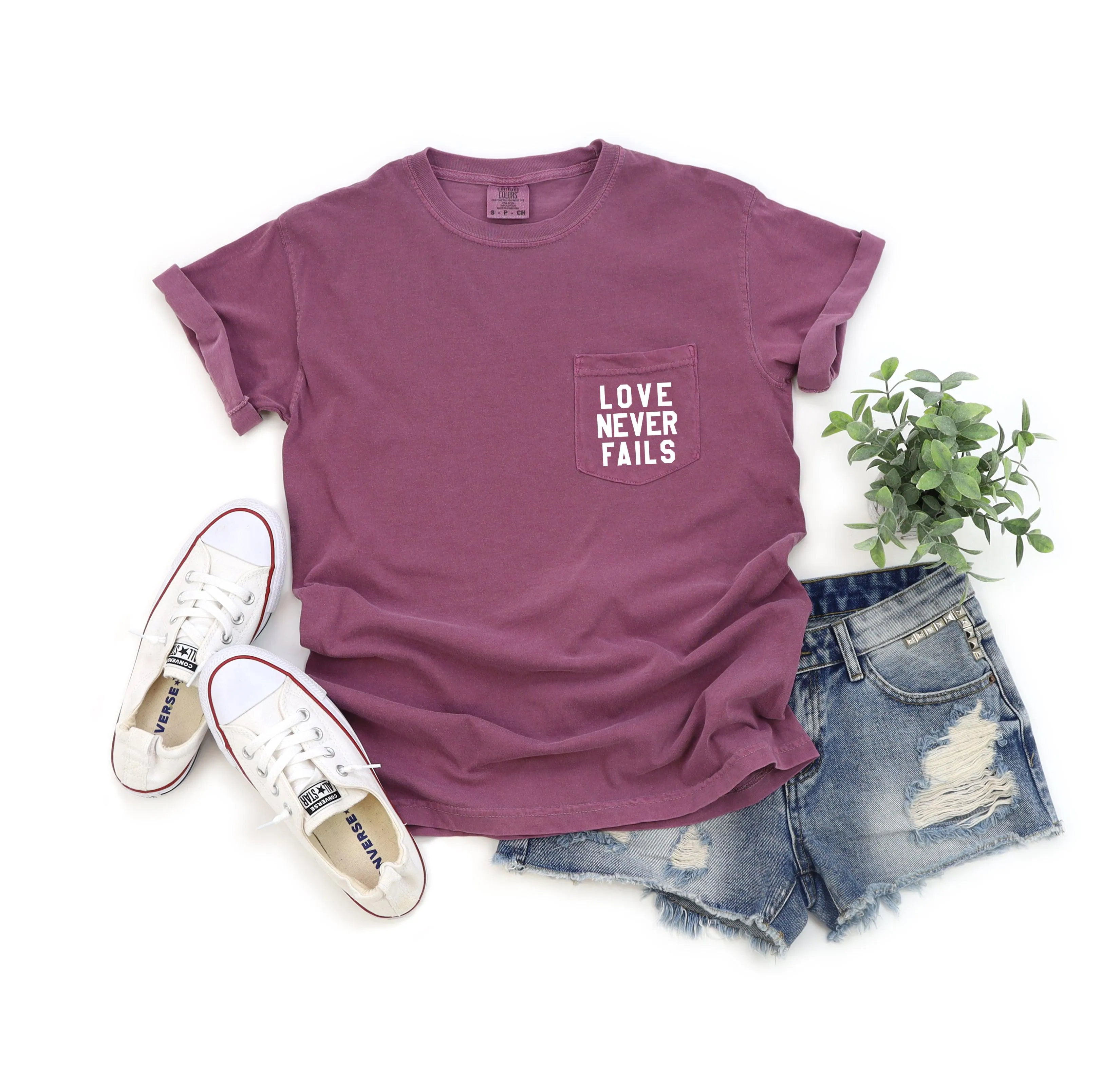 Love Never Fails Christian Comfort Colors Pocket T Shirt