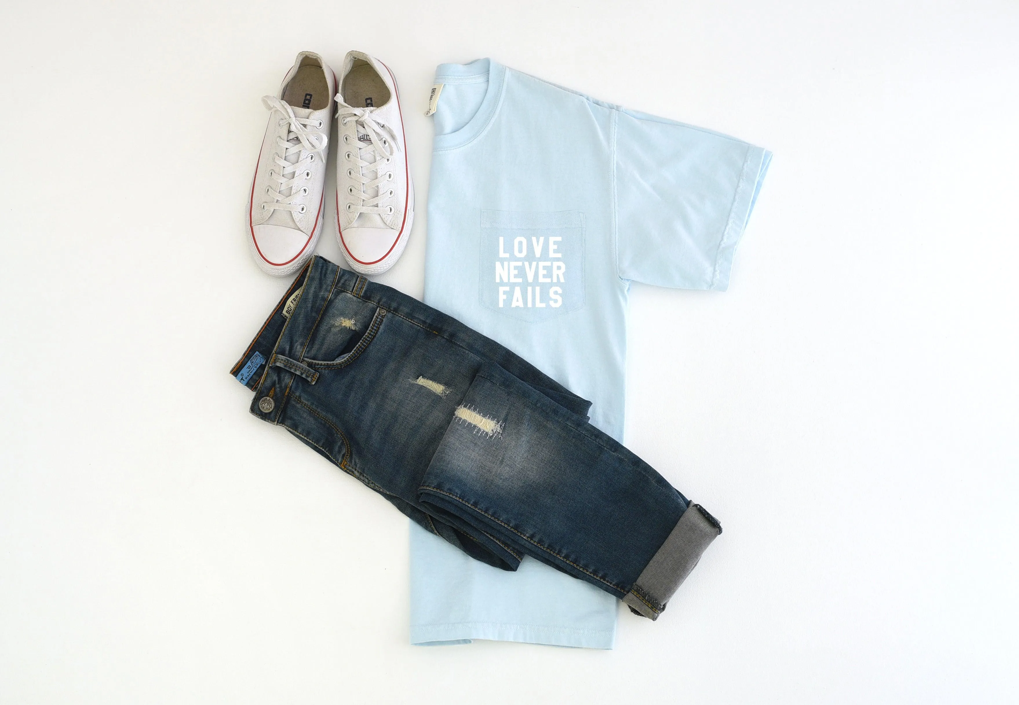 Love Never Fails Christian Comfort Colors Pocket T Shirt