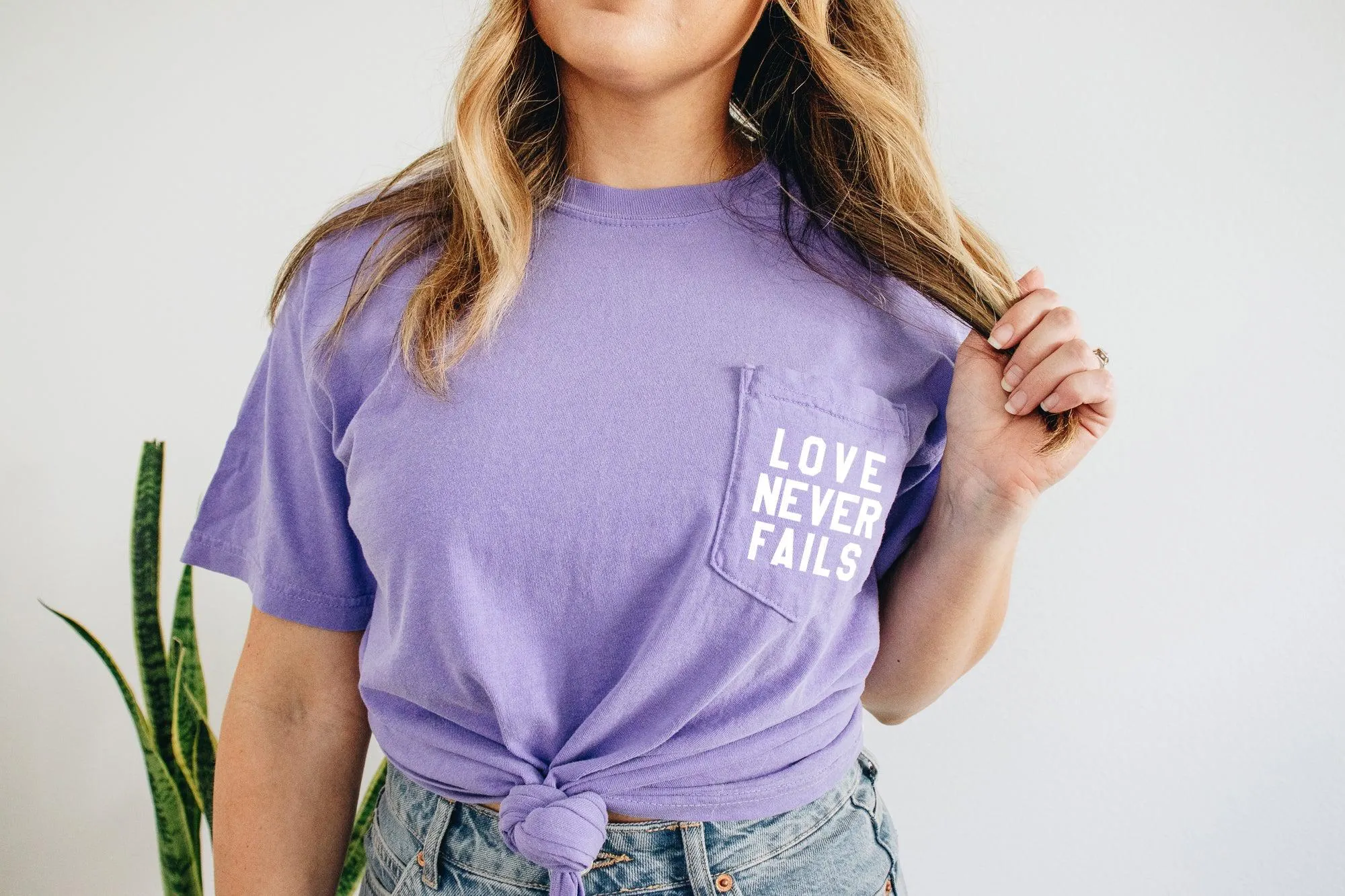 Love Never Fails Christian Comfort Colors Pocket T Shirt