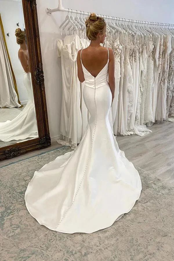 Mermaid Satin Spaghetti Straps V-neck Pleated Simple Wedding Dresses, SW631