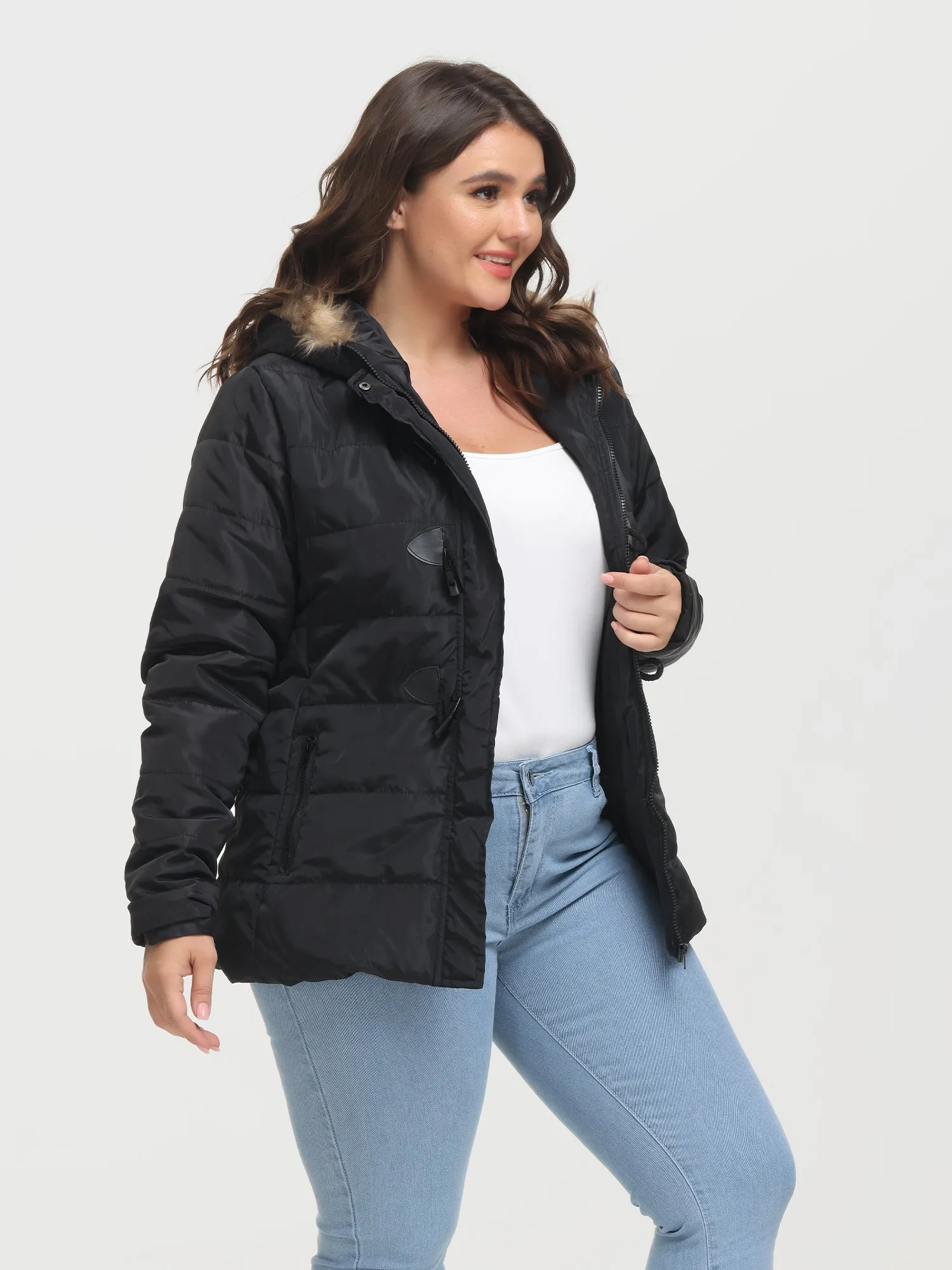 Midsize Horn Button Down Jacket Hooded with Pockets