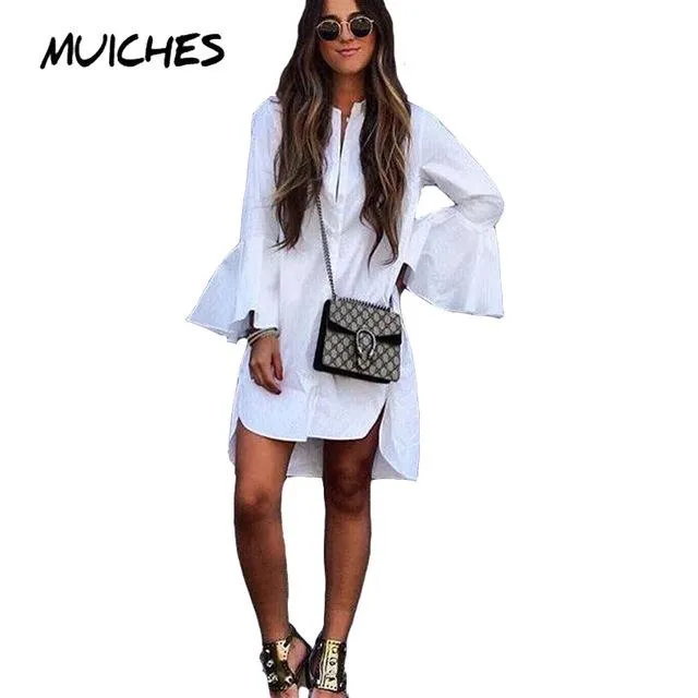 MOARCHO 2017 Women White Flare Sleeve Shirt Dress Summer Fashion O Neck Straight Elegant Woman Bloues Casual Clothing Tops