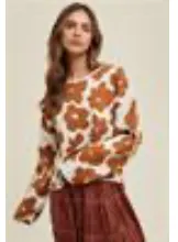 Mocha Floral Jacquard Relaxed Cropped Sweater