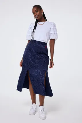 Navy Jacquard Leopard Split Front Skirt