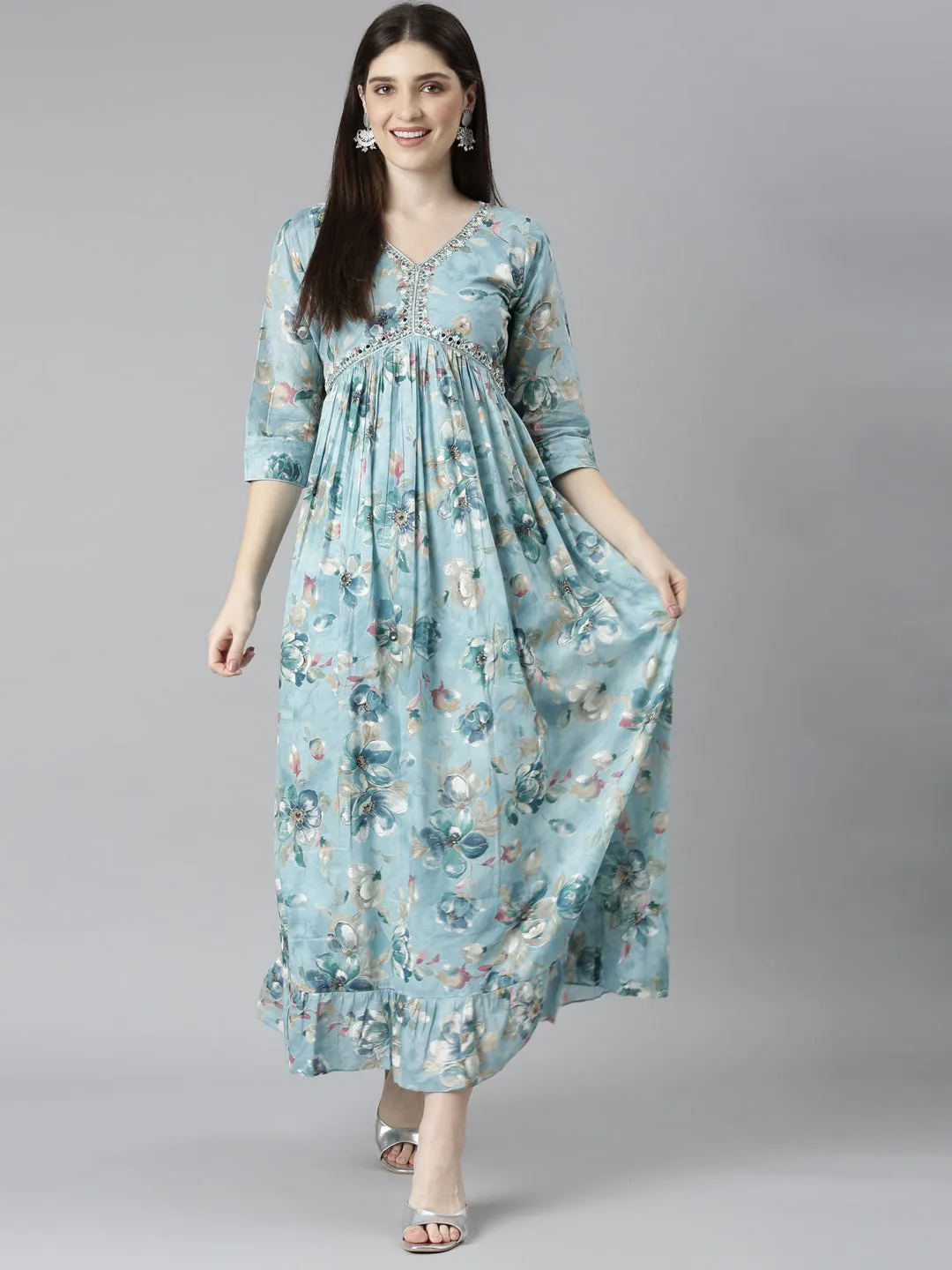 Neeru's Blue Straight Casual Floral Dresses