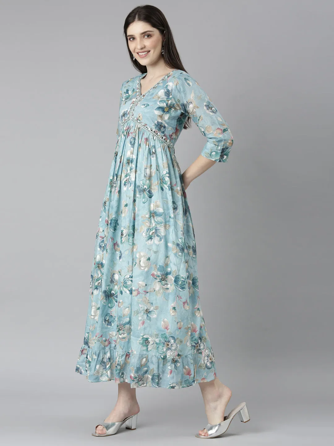 Neeru's Blue Straight Casual Floral Dresses