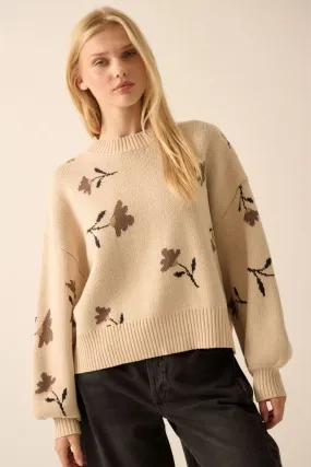 Prairie Floral-Pattern Knit Bishop-Sleeve Sweater