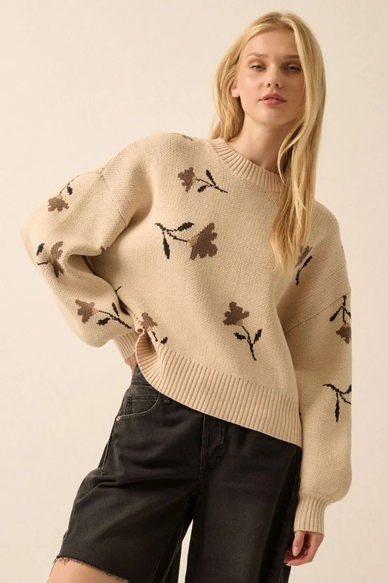 Prairie Floral-Pattern Knit Bishop-Sleeve Sweater