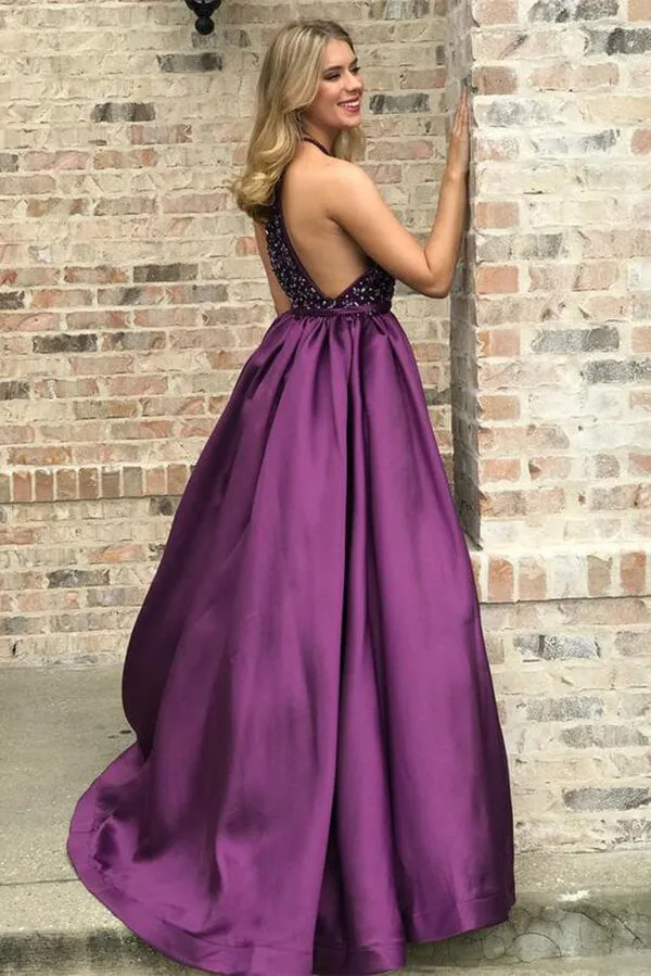 Purple Satin A-line High Neck Prom Dresses With Rhinestones, Party Dress, SP707