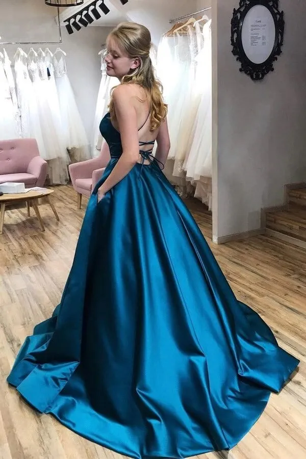 Satin A-line Scoop Neck Blue Prom Dress With Pockets, Evening Gowns, SP810