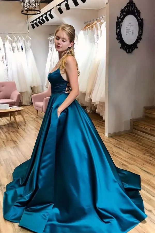 Satin A-line Scoop Neck Blue Prom Dress With Pockets, Evening Gowns, SP810