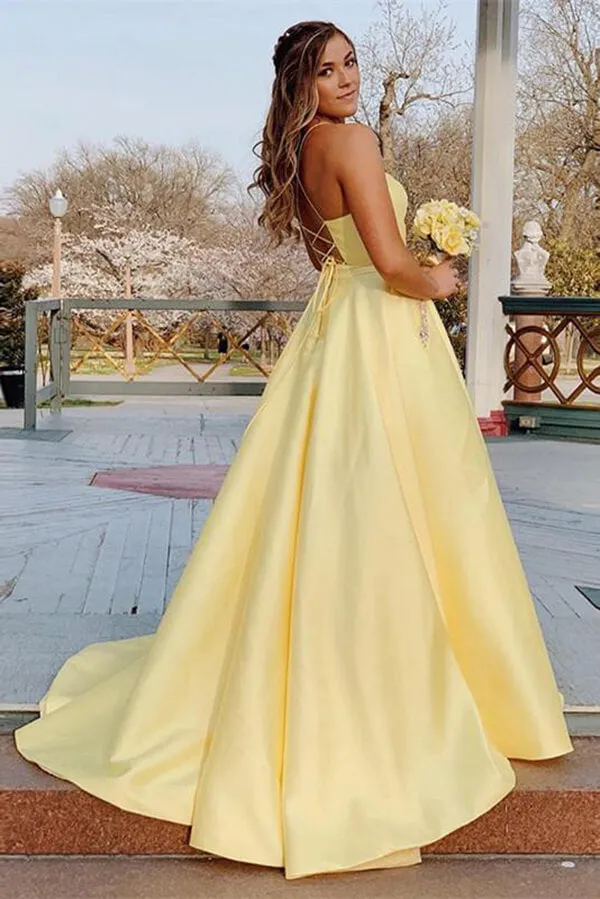 Satin Rhinestones A-line Spaghetti Straps Long Prom Dresses, Evening Dress, SP702