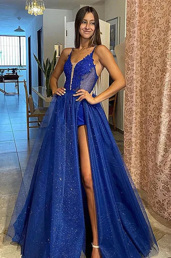 Shiny Royal Blue A-line V-neck Long Prom Dresses With Lace Appliques, SP992