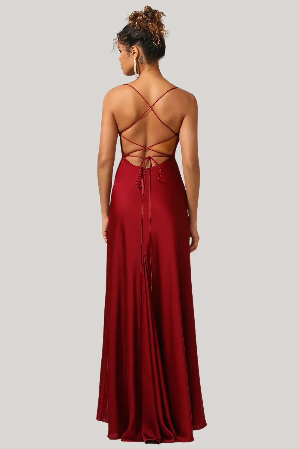 Simple A Line Lace-Up Back Burgundy Maxi Dress