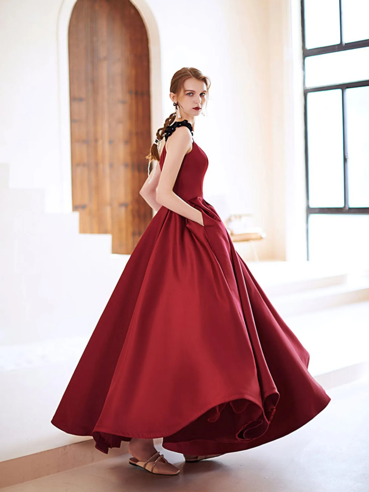 Simple Burgundy Satin Long Prom Dress, Burgundy Evening Dresses