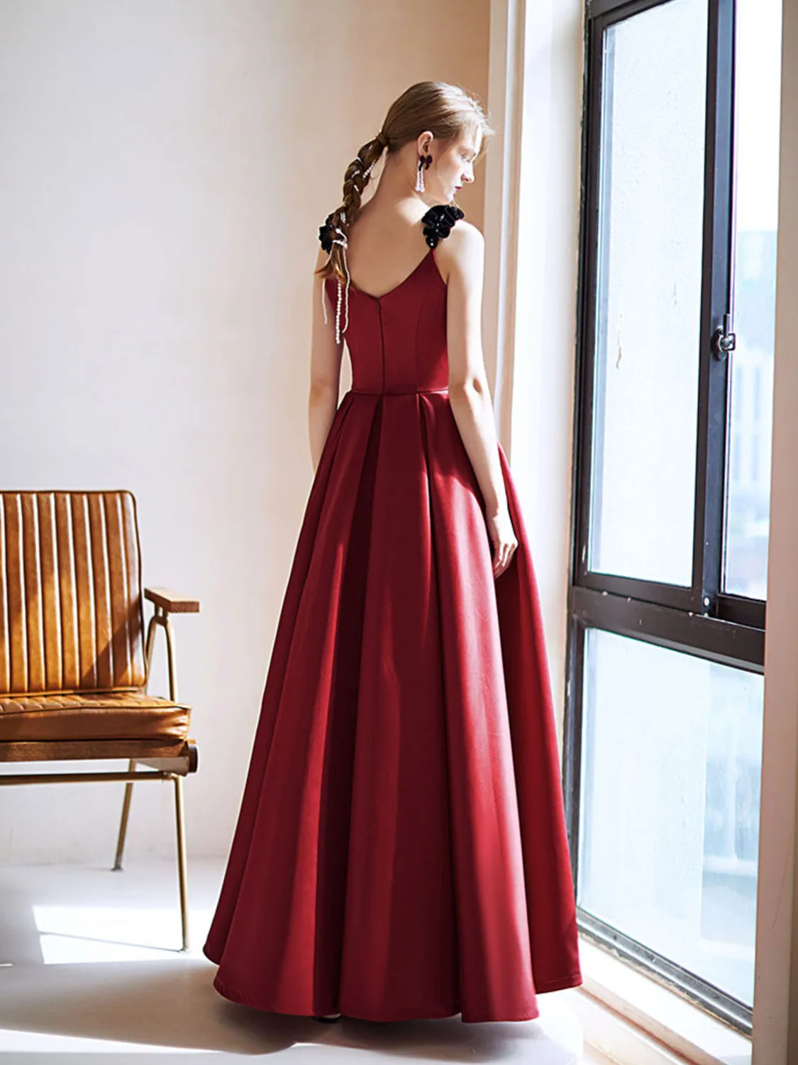 Simple Burgundy Satin Long Prom Dress, Burgundy Evening Dresses