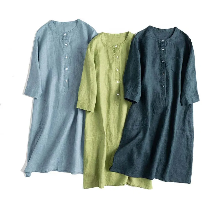 Simple Button Down Linen Dresses Women