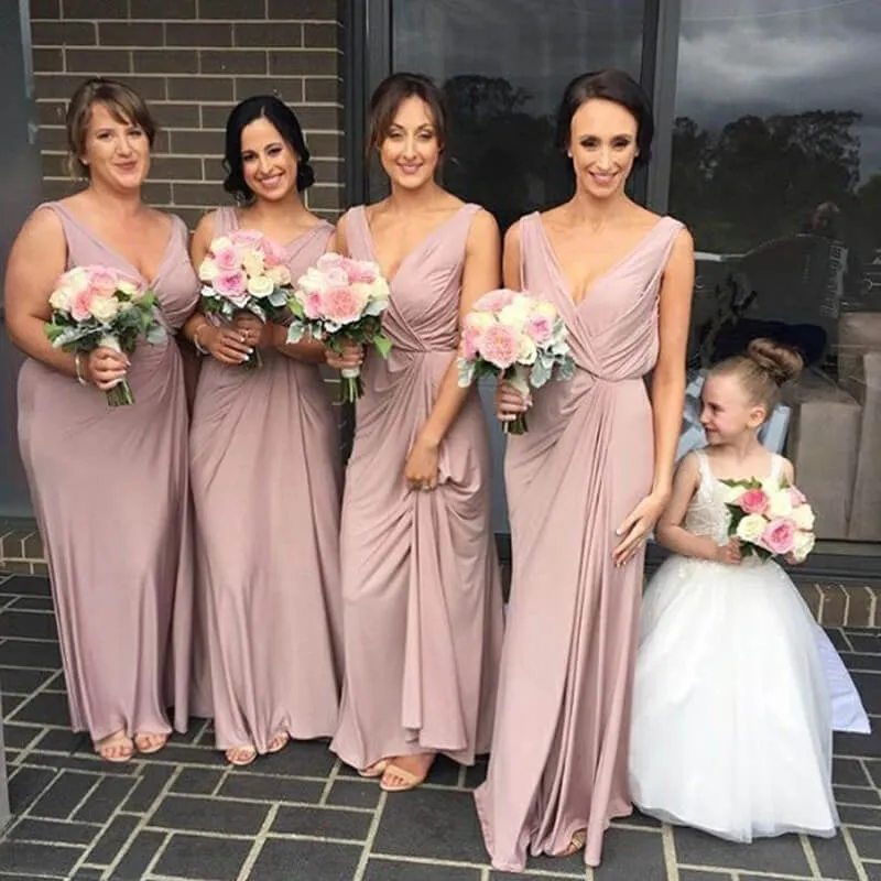 Simple Dusty Pink V-neck Long Bridesmaid Dresses, Maid of Honer Dress, BD115