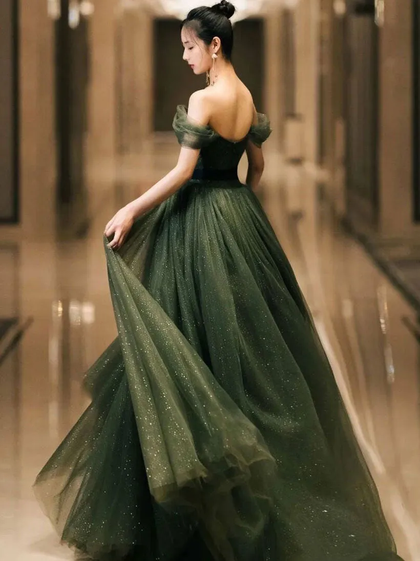 Simple Green Sweetheart Tulle Long Prom Dress, Green Formal Dresses