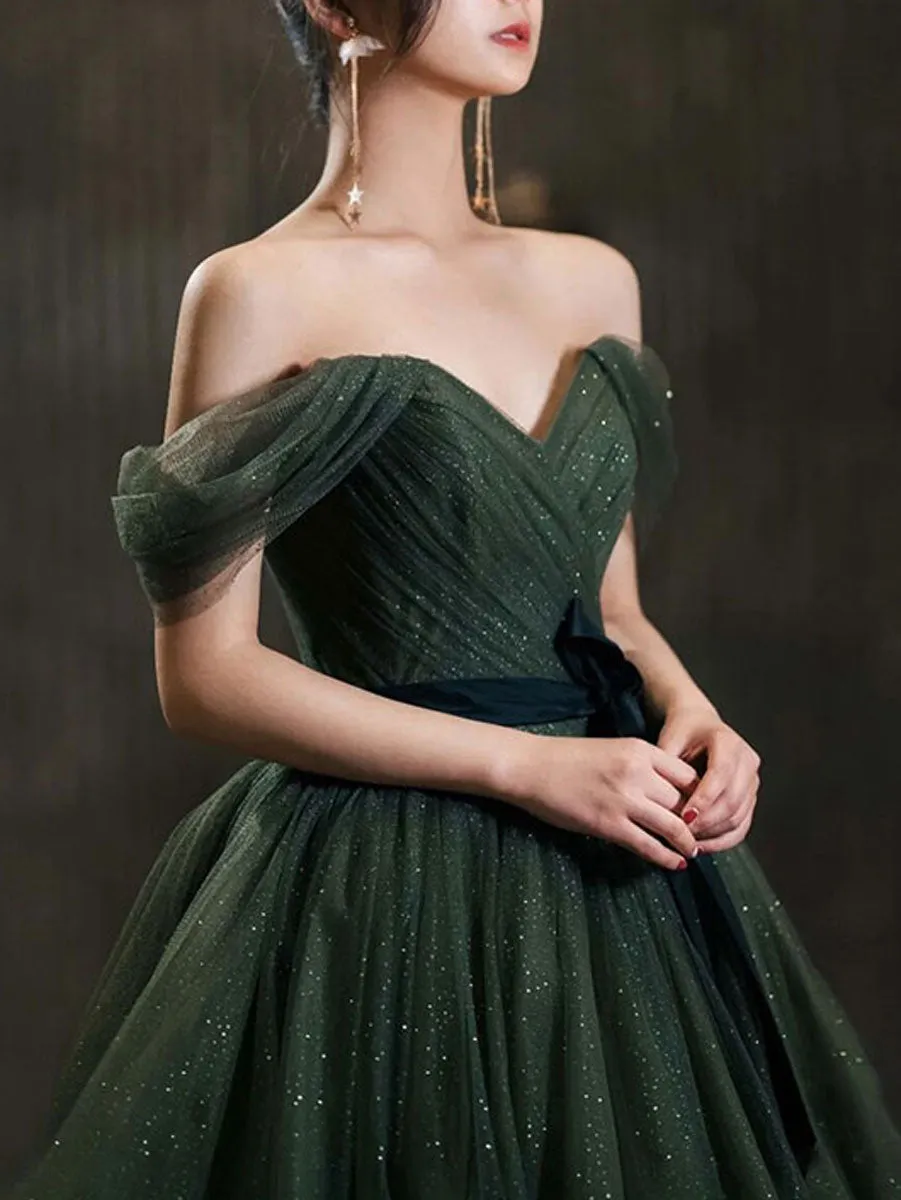 Simple Green Sweetheart Tulle Long Prom Dress, Green Formal Dresses